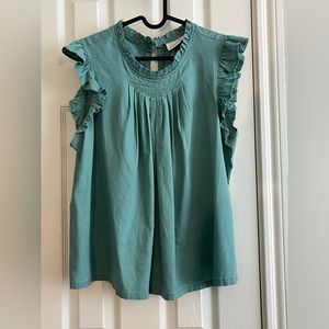 Cute Teal Sleeveless Ruffled Blouse